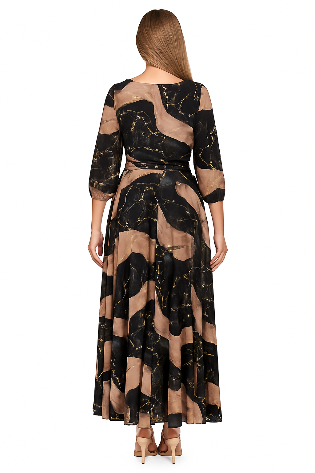 Sara | Robe Élégante à Imprimé Marbré Noir et Beige